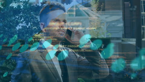 Young Businessman On Mobile With Digital Data Overlay