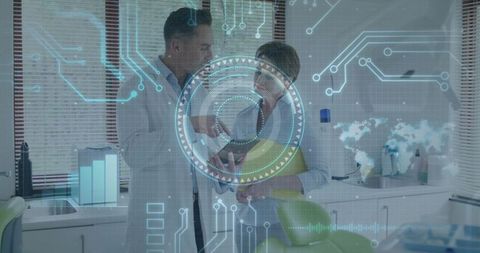 Dentists Discussing Patient Information with Futuristic Digital Interface