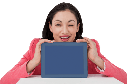 Smiling Businesswoman Winking with Tablet on Transparent Background - Download Free Stock Videos Pikwizard.com