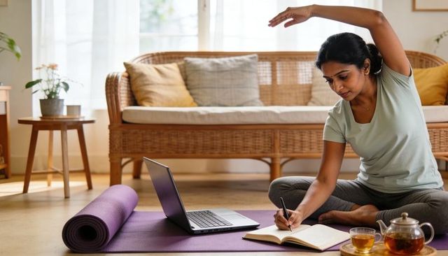 Indian woman practicing yoga and journaling at home with laptop on mat