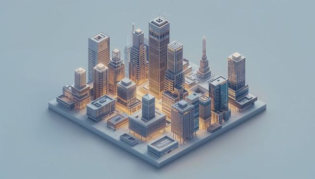 Isometric miniature city block glowing with warm lights, architectural diorama render