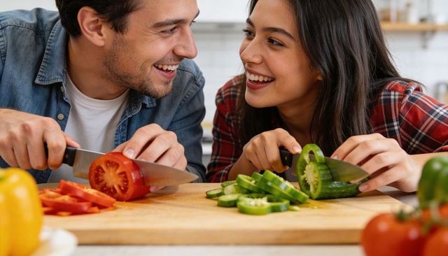 Young couple chopping vegetables and laughing while preparing fresh salad on countertop