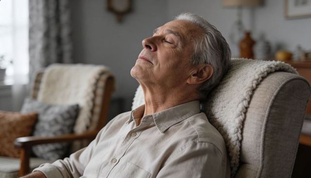 Senior man reclining relaxing in cozy armchair at home conveying peaceful rest and comfort
