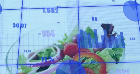 Displaying fresh salad with nutritional data overlay and food industry analytics