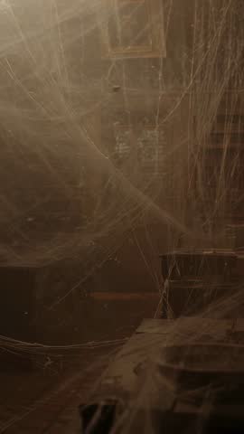 Vertical video showing spider webs swaying in old workshop with sunlit dust and rustic decay