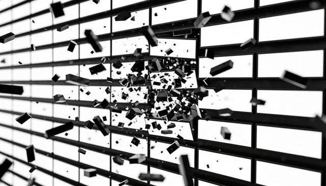 Shattering black grid sending geometric shards outward breaking through lattice abstract