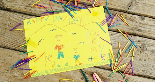 Children's Hand-drawn Father's Day Card Surrounded by Colorful Crayons on Wood - Download Free Stock Images Pikwizard.com