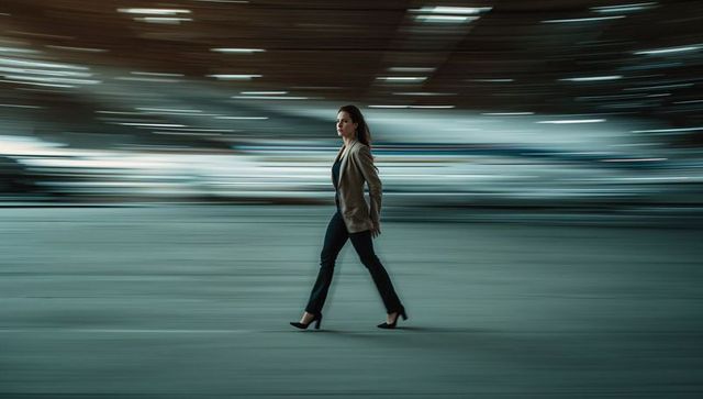 Businesswoman walking elegantly through blurred cityscape at night