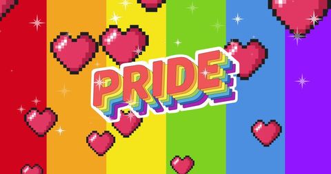 Digital Hearts and PRIDE Text on Colorful Rainbow Stripes