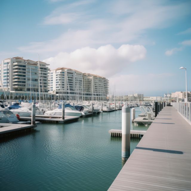General view of port with sailing boats, sea and buildings created using generative ai technology. Travel, sailing and seaside concept digitally generated image.