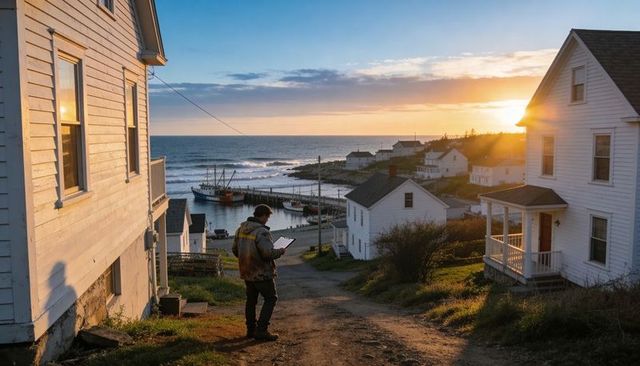 Fisherman checking tablet on coastal lane at sunset, fishing boats and harbor village