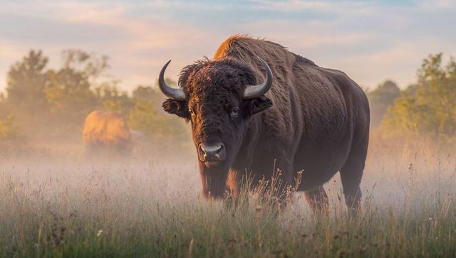 Majestic bison standing in misty grassland at golden sunrise