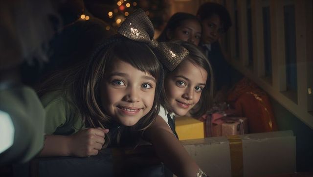 Joyful Children Excitedly Peering Over Stairs at Christmas