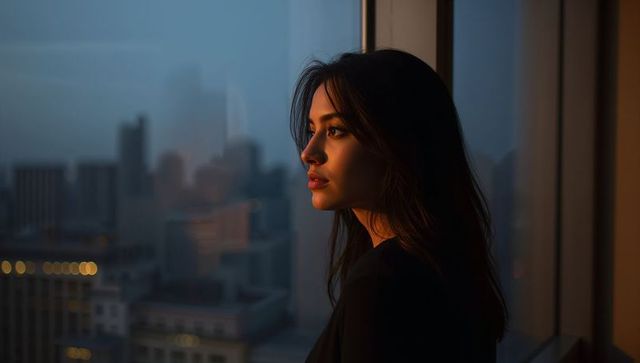 Adult woman gazing through high-rise window at dusk city skyline warm rim light