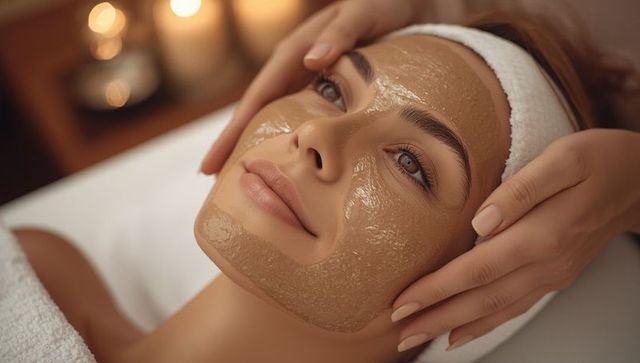 Relaxed woman receiving facial mask at spa with candlelight ambiance