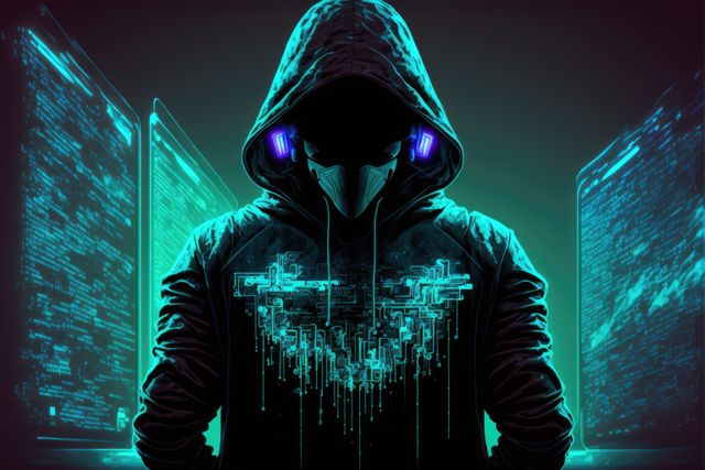 This visual representation of a hacker wearing a hooded glowing jacket and headphones in front of computer screens exuding digital information is perfect for cybersecurity content, illustrating online threats and hacking activities, tech blogs, cyber attack simulations, and gaming themes. The neon color palette adds a futuristic and intense aura enhancing its application in striking digital and tech-related visuals.