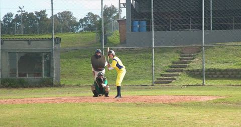 Female softball pitchers and umpire during gameplay in lush park