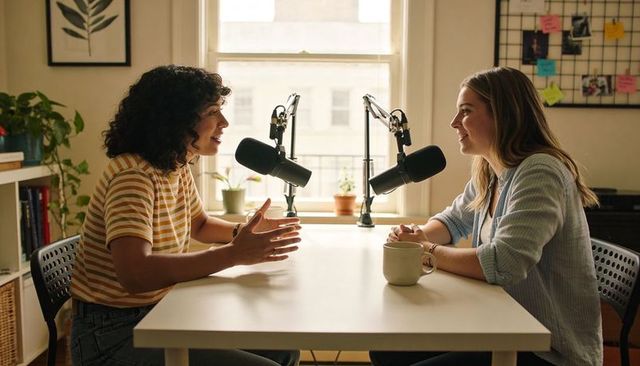 Two podcasters recording conversational interview in cozy home studio with natural light