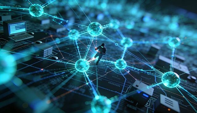 Hooded Hacker Navigating Neon Node Network on Circuit Board Floor, Cybersecurity Threat