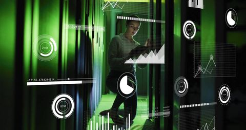 Woman Using Tablet Surrounded by Digital Data in Server Room - Download Free Stock Images Pikwizard.com