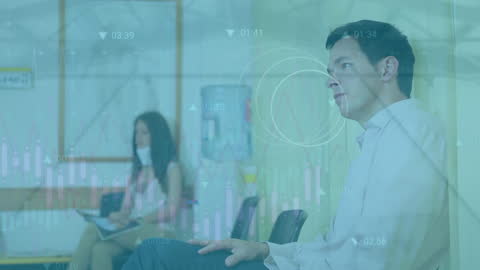 Digital Data Overlay on Business Professionals in Lobby