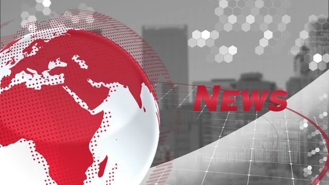 Graphic showing a cityscape with a red globe and digital elements is suitable for news channels and media outlets. It is ideal for creating news broadcasts, journalist reports, and live breaking news segments, offering viewers a dynamic and attention-grabbing news introduction.