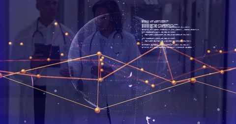 Doctors using holographic globe and data network for futuristic hospital collaboration