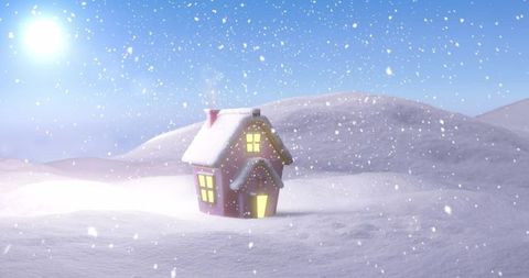 Cozy snow-covered cottage under idyllic winter sky