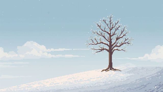 Standing bare tree atop snowy hill pixel-art winter landscape with clouds and copy space