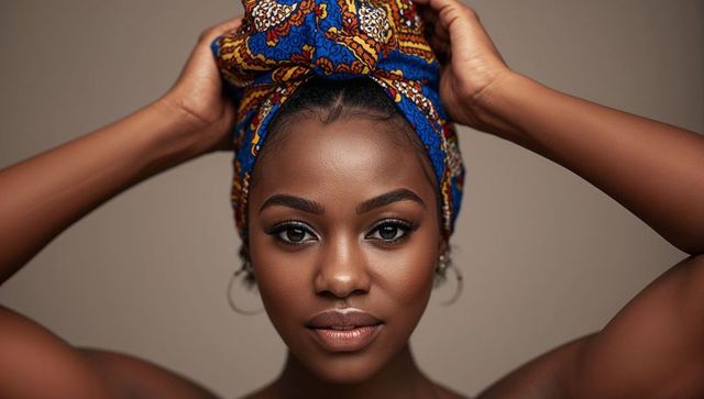 Adjusting woman wearing vibrant patterned headwrap with hoop earrings and flawless makeup
