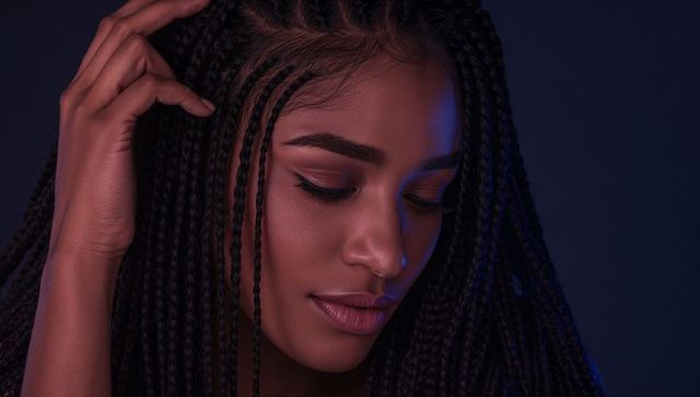Contemplative woman with long box braids touching hair moody indigo rimlight portrait