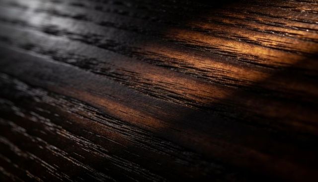 Dark-stained wood grain showcasing glossy varnish highlights on diagonal plank surface