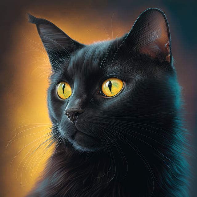 This captivating close-up of a majestic black cat with striking amber eyes can enhance pet care brochures, animal welfare websites, or social media profiles dedicated to cat lovers. It can also serve as an inspirational poster or desktop background for those who admire the beauty and mystery of domestic cats.