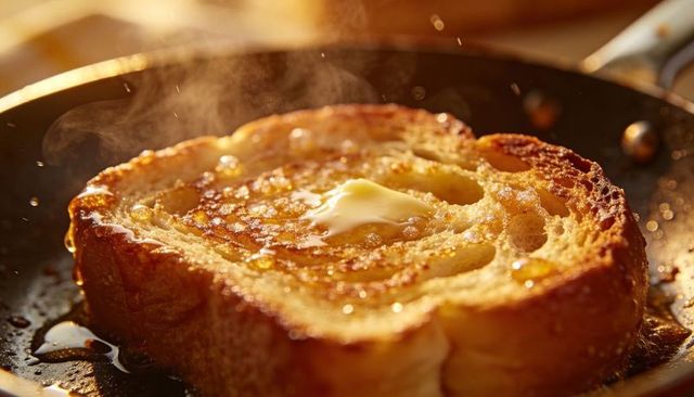 Sizzling French Toast Browning in Skillet with Melting Butter, Maple Glaze and Golden Crust