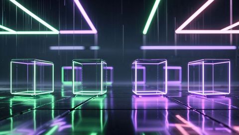 Neon wireframe cubes in futuristic digital chamber