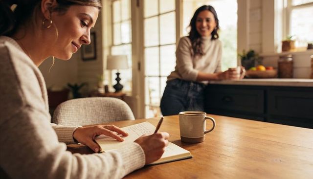 Woman writing morning journal at sunlit kitchen table with coffee mug, cozy home lifestyle
