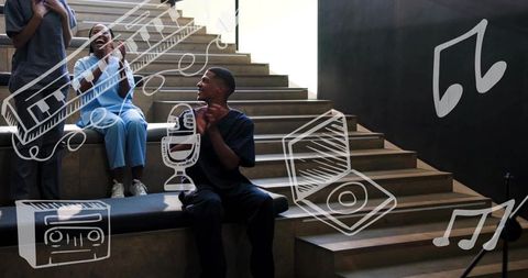 Healthcare workers clapping and chatting on tiered hospital stairs with music doodles