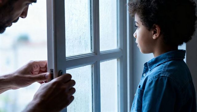 Young boy gazing through rain-soaked window as adult hands secure latch