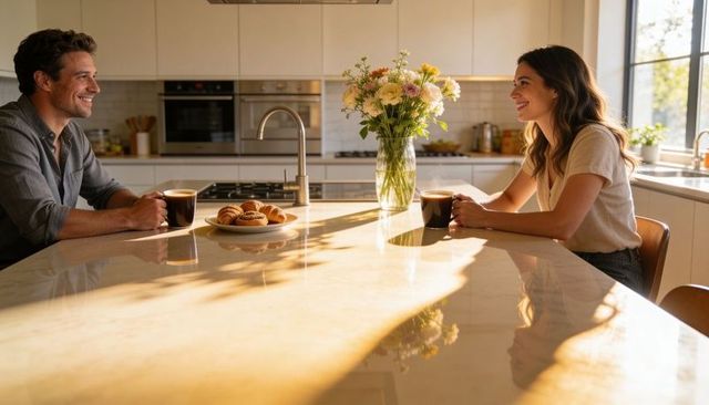 Sunlit modern kitchen couple sharing coffee at marble island with pastries bouquet
