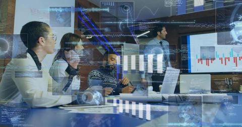 Leader presenting data-driven strategy to team with augmented reality analytics and charts
