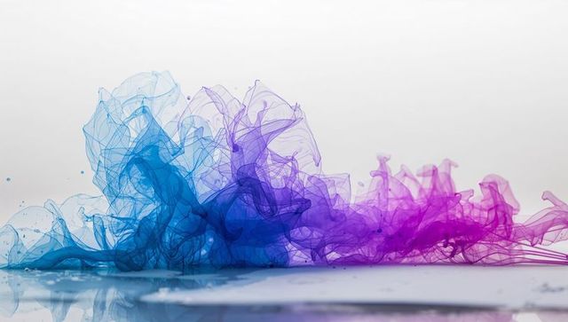 Swirling cyan, violet and magenta ink plume creating translucent color wave, reflected