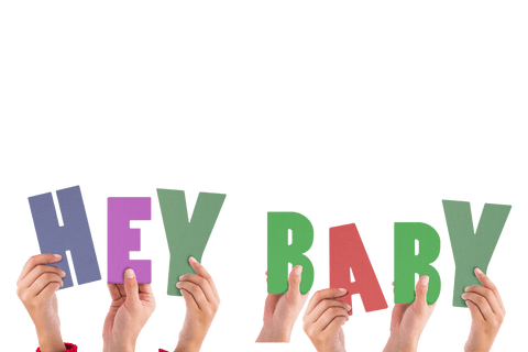 Diverse Hands Holding Transparent Hey Baby Letters