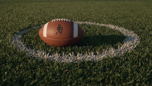 Leather football resting inside painted yard line circle on turf at sunlit golden hour