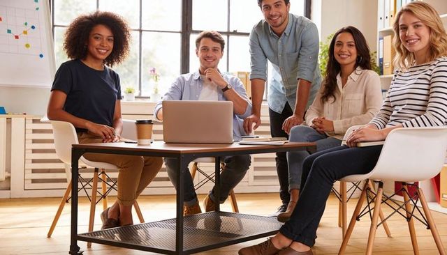 Diverse startup team collaborating around laptop, brainstorming project in bright office