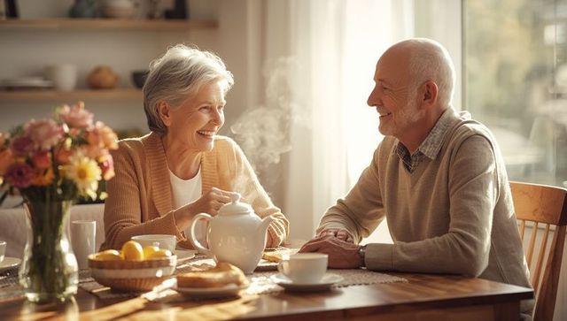 Senior Couple Enjoying Tea in Cozy Dining Area at Rustic Home