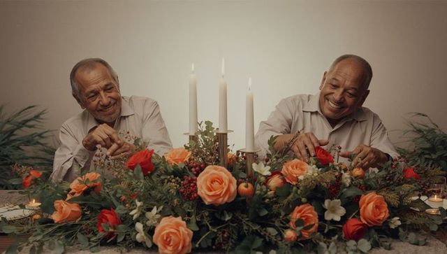 Elderly men arranging flowers for cozy dinner setting