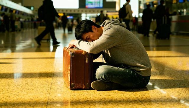 Exhausted asian passenger resting head on scuffed suitcase, sitting on airport floor