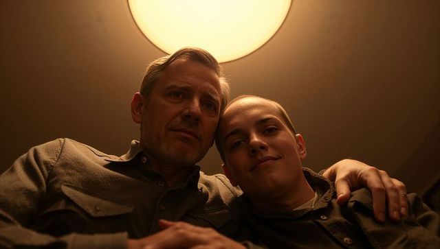 Father and son embracing under warm circular ceiling light low angle intimate portrait
