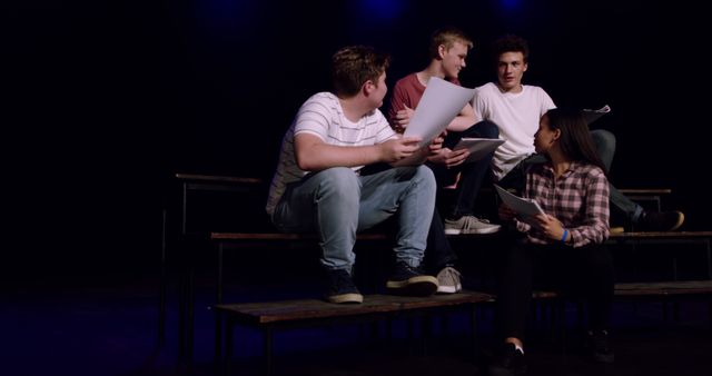 Group of Young Acting Students Rehearsing for Theater Play on Dark Stage - Download Free Stock Images Pikwizard.com