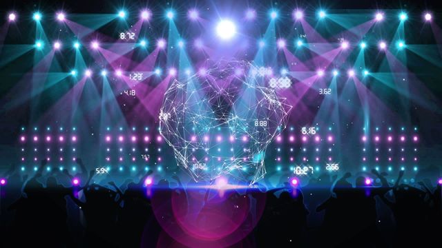 Video featuring neon lights and digital visualizations at a music concert. Crowded scene filled with glowing network connections and data processing elements. Ideal for music and entertainment industry promotions, digital concert marketing, technology adoption in events, and vibrant nightlife advertisements.